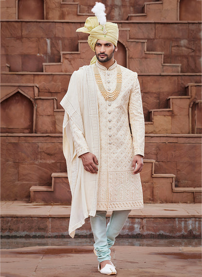 Cream Art Wedding Party Wear Embroidery Work Readymade Mens Sherwani 334167
