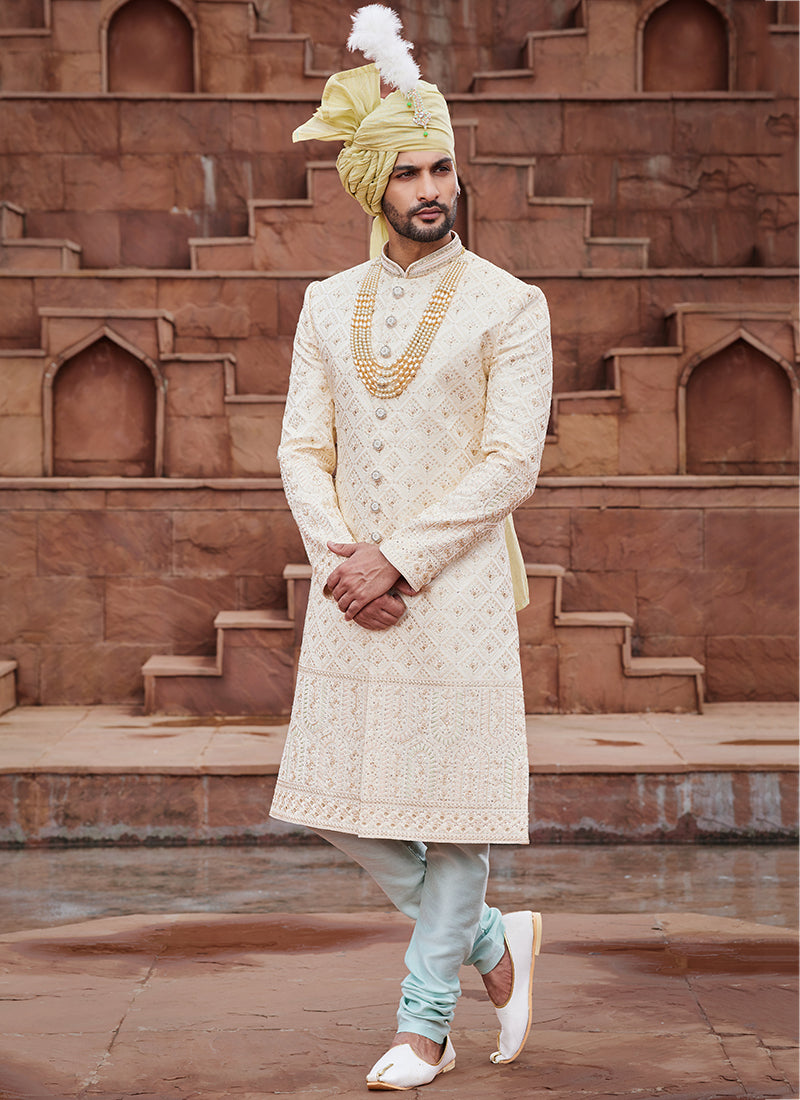Cream Art Wedding Party Wear Embroidery Work Readymade Mens Sherwani 334167