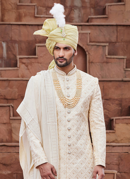 Cream Art Wedding Party Wear Embroidery Work Readymade Mens Sherwani 334167