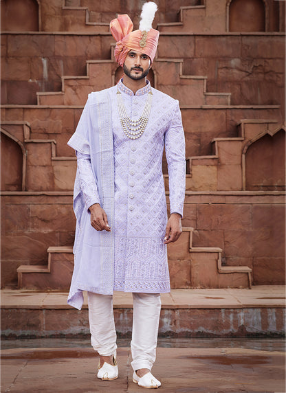 Sky Blue Art Silk Wedding Wear Embroidery Work Readymade Mens Sherwani 334168