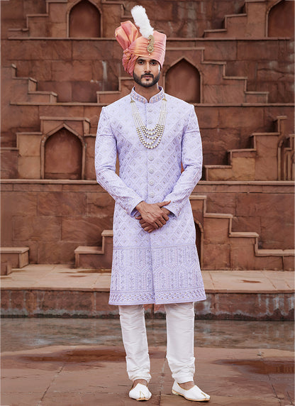 Sky Blue Art Silk Wedding Wear Embroidery Work Readymade Mens Sherwani 334168