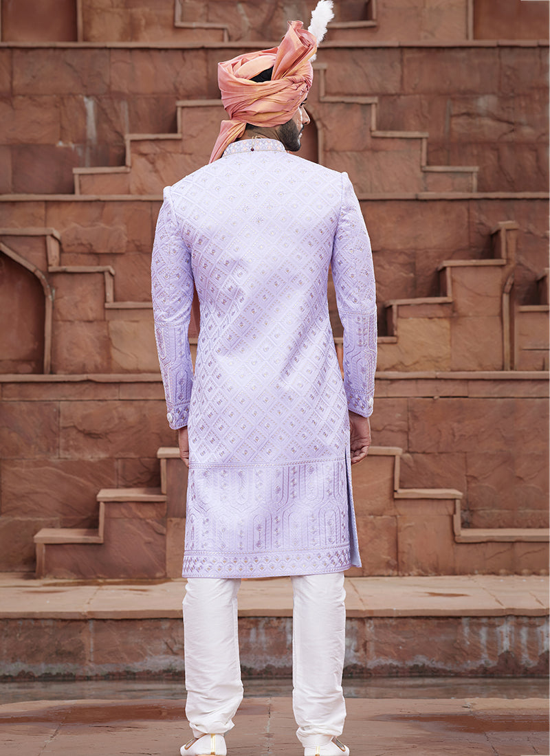 Sky Blue Art Silk Wedding Wear Embroidery Work Readymade Mens Sherwani 334168