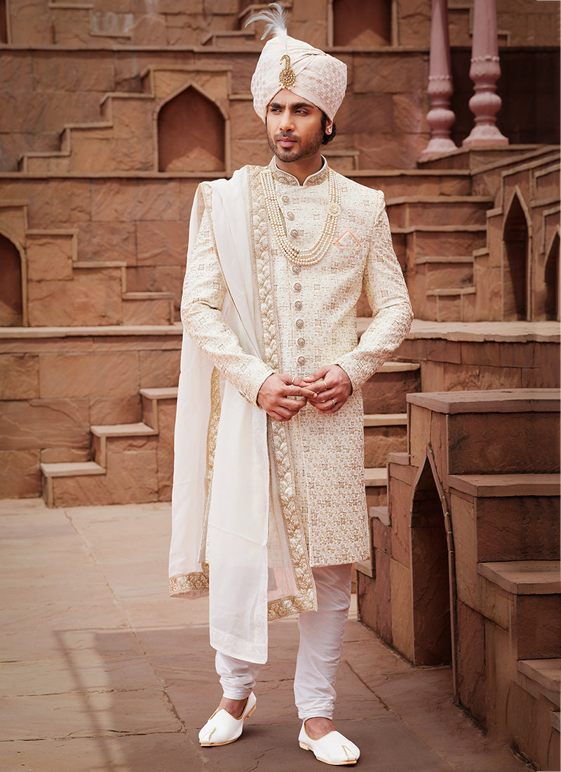 Cream Art Silk Wedding Wear Embroidery Work Readymade Mens Sherwani 334169
