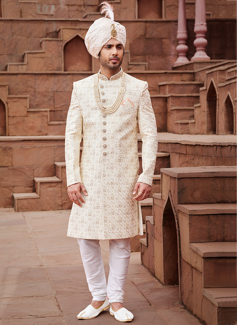 Cream Art Silk Wedding Wear Embroidery Work Readymade Mens Sherwani 334169