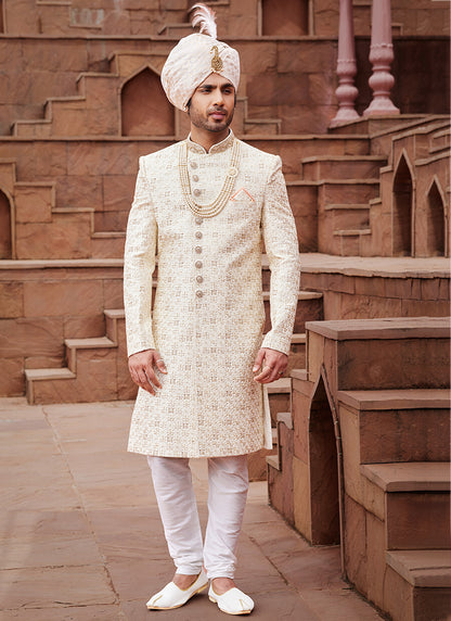 Cream Art Silk Wedding Wear Embroidery Work Readymade Mens Sherwani 334169