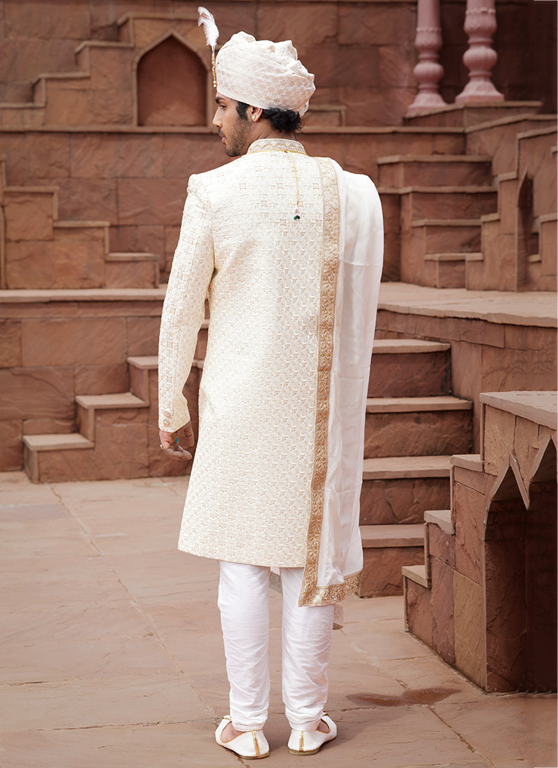 Cream Art Silk Wedding Wear Embroidery Work Readymade Mens Sherwani 334169