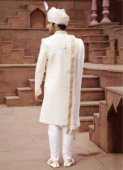 Cream Art Silk Wedding Wear Embroidery Work Readymade Mens Sherwani 334169