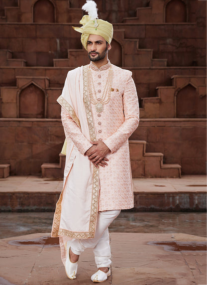 Cream Art Silk Wedding Wear Embroidery Work Readymade Mens Sherwani 334170