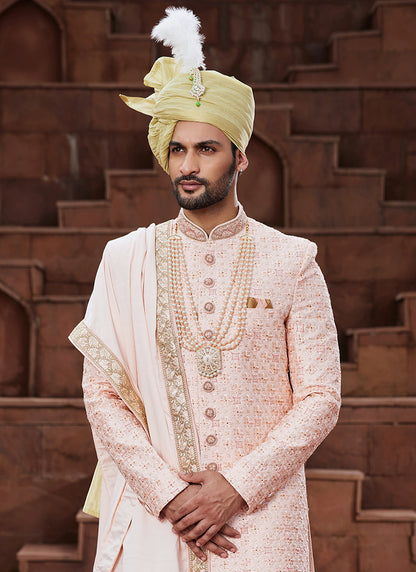 Cream Art Silk Wedding Wear Embroidery Work Readymade Mens Sherwani 334170