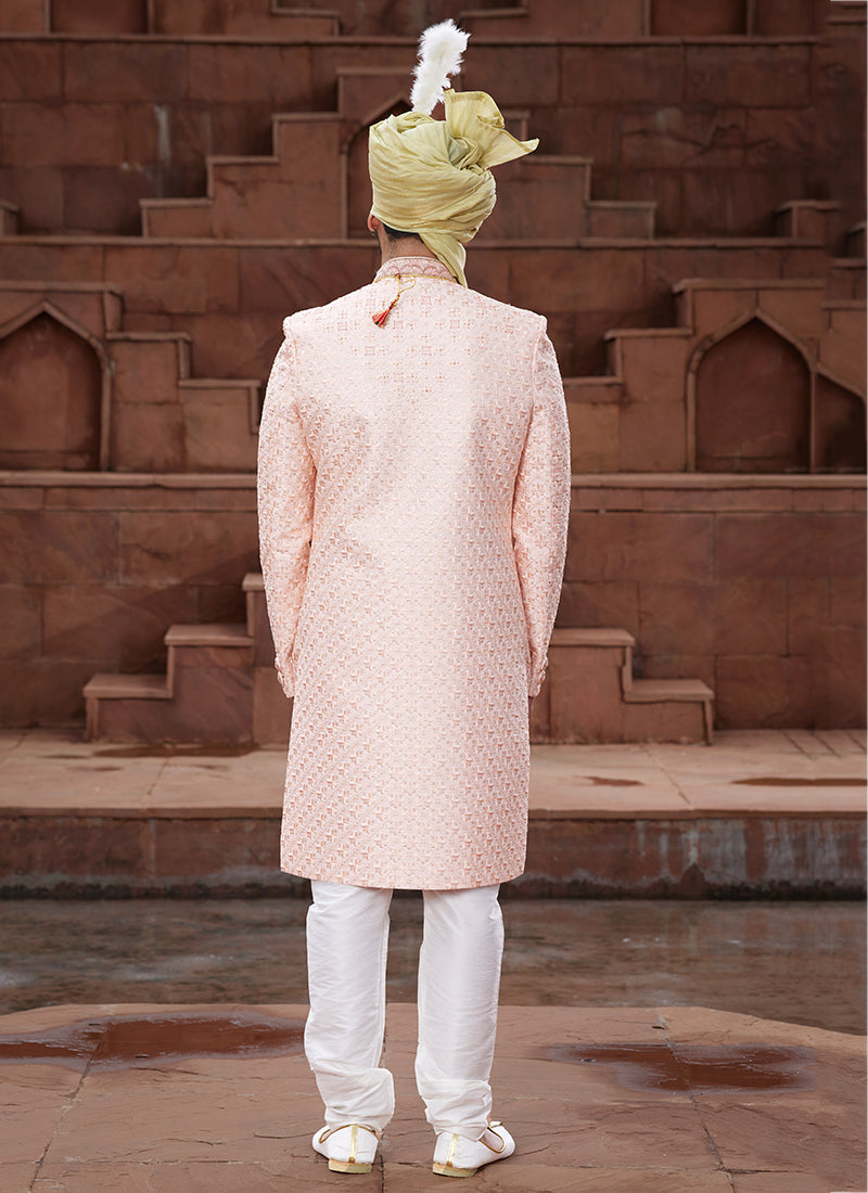Cream Art Silk Wedding Wear Embroidery Work Readymade Mens Sherwani 334170
