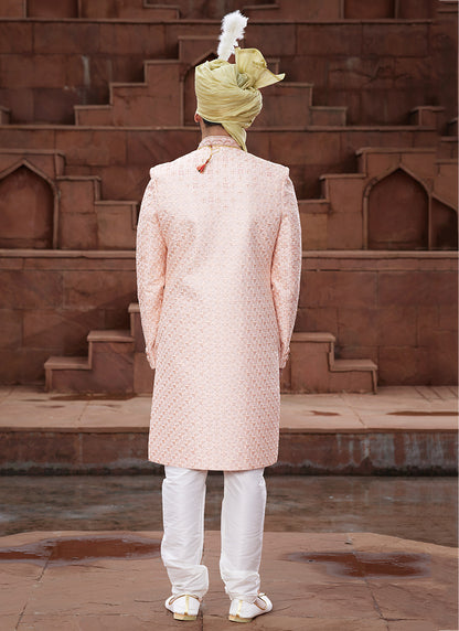 Cream Art Silk Wedding Wear Embroidery Work Readymade Mens Sherwani 334170