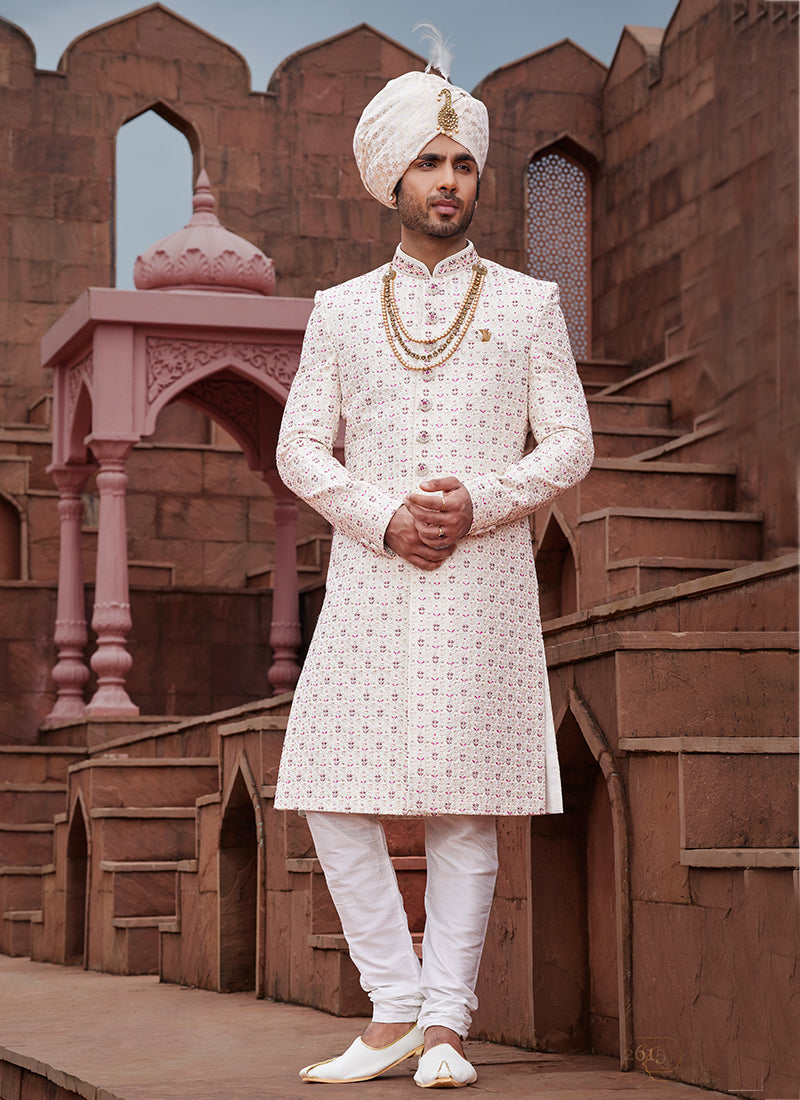 Cream Art Silk Wedding Wear Embroidery Work Readymade Mens Sherwani 334171
