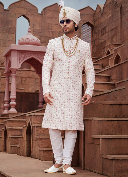 Cream Art Silk Wedding Wear Embroidery Work Readymade Mens Sherwani 334171