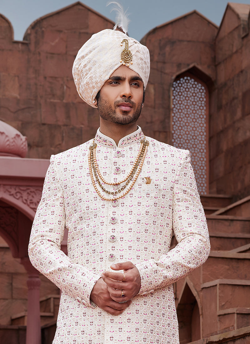Cream Art Silk Wedding Wear Embroidery Work Readymade Mens Sherwani 334171