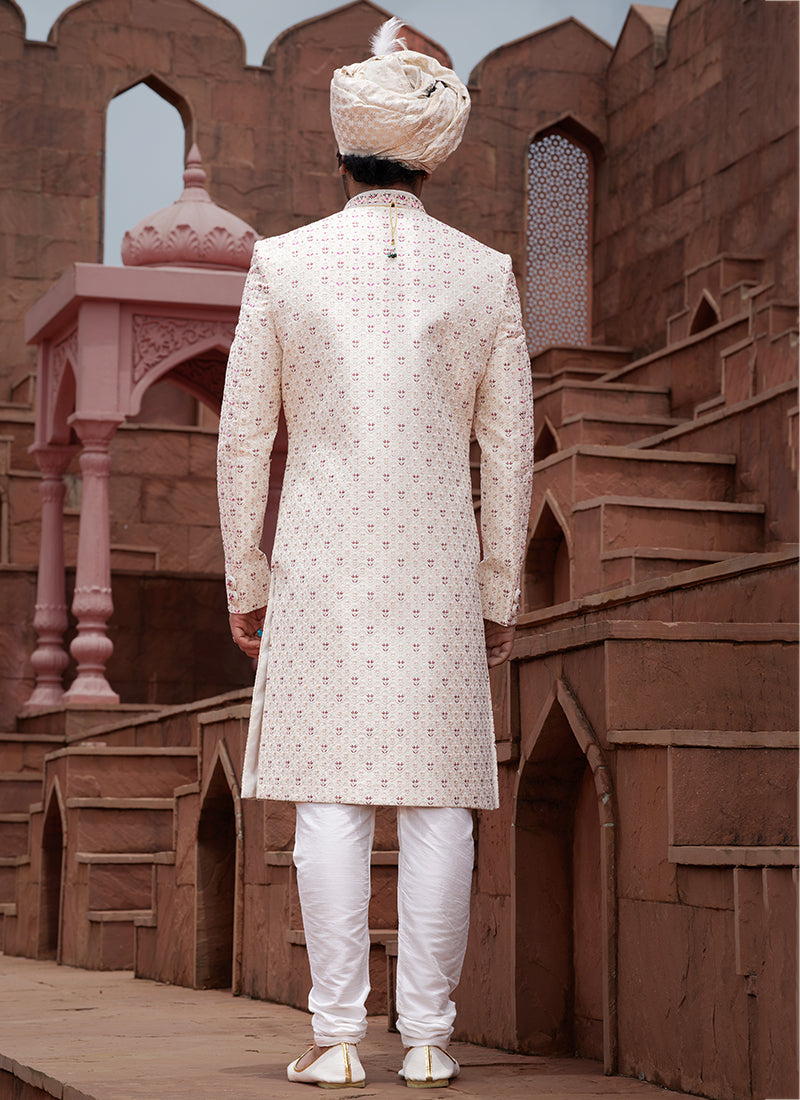 Cream Art Silk Wedding Wear Embroidery Work Readymade Mens Sherwani 334171