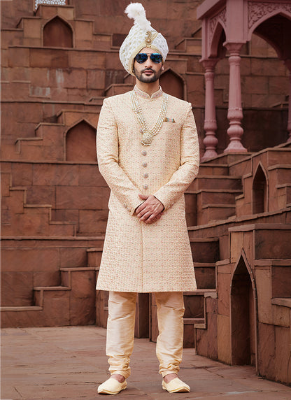 Gold Art Silk Wedding Wear Embroidery Work Readymade Mens Sherwani 334172