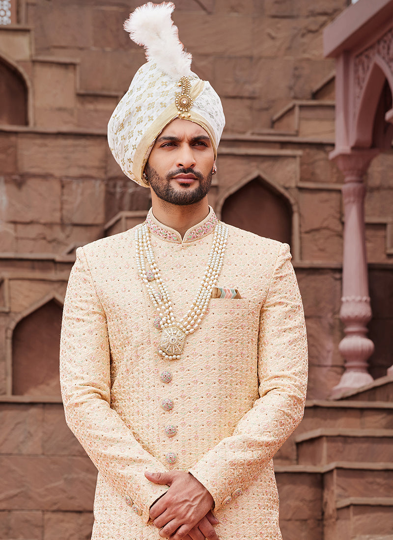 Gold Art Silk Wedding Wear Embroidery Work Readymade Mens Sherwani 334172