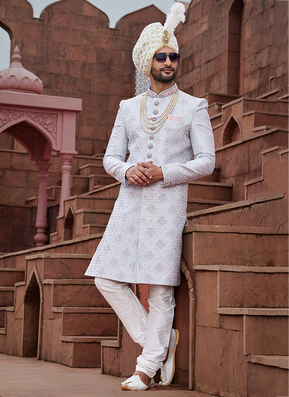 Sky Blue Art Silk Wedding Wear Embroidery Work Readymade Mens Sherwani 334173