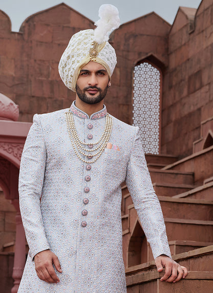 Sky Blue Art Silk Wedding Wear Embroidery Work Readymade Mens Sherwani 334173