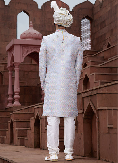 Sky Blue Art Silk Wedding Wear Embroidery Work Readymade Mens Sherwani 334173