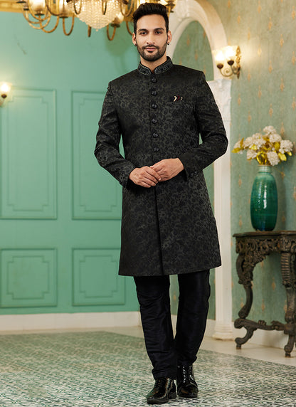 Black Jacquard Silk Wedding Wear Hand Work IndoWestern 329424