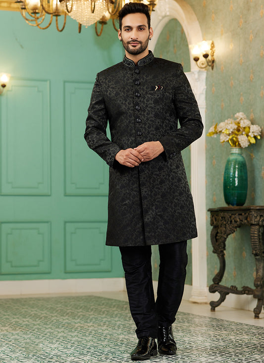 Black Jacquard Silk Wedding Wear Hand Work IndoWestern 329424