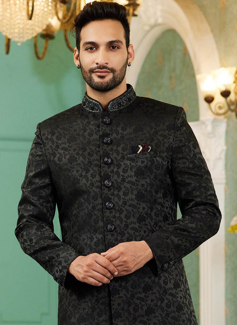 Black Jacquard Silk Wedding Wear Hand Work IndoWestern 329424