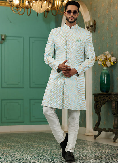 Sky Blue Jacquard Silk Wedding Wear Hand Work IndoWestern 329425