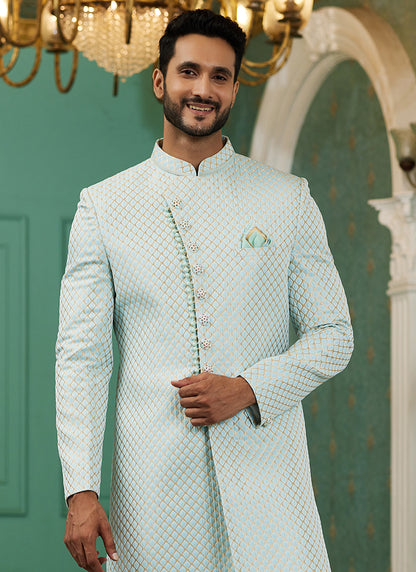 Sky Blue Jacquard Silk Wedding Wear Hand Work IndoWestern 329425