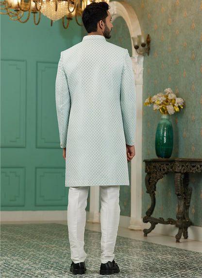 Sky Blue Jacquard Silk Wedding Wear Hand Work IndoWestern 329425