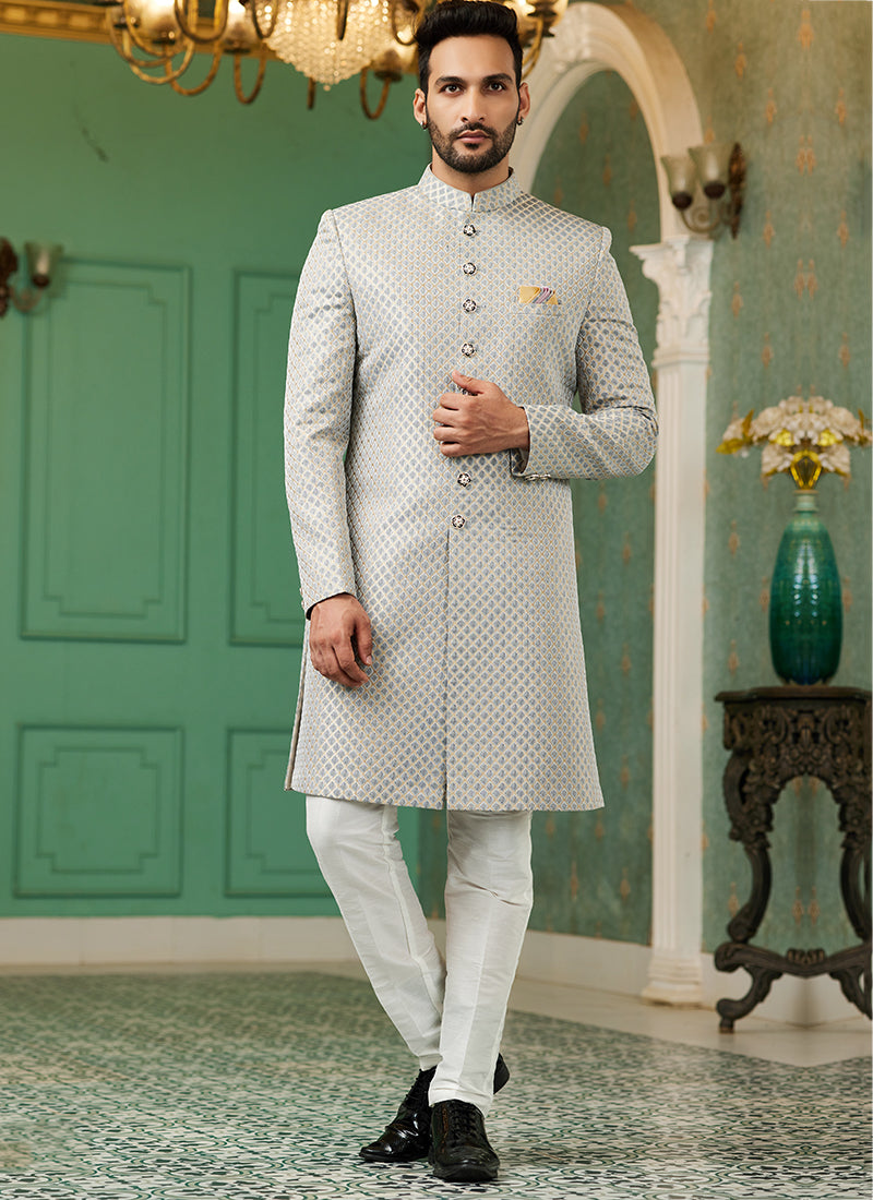 Grey Jacquard Silk Wedding Wear Hand Work IndoWestern 329426