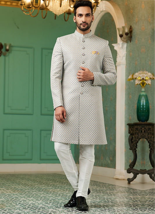 Grey Jacquard Silk Wedding Wear Hand Work IndoWestern 329426