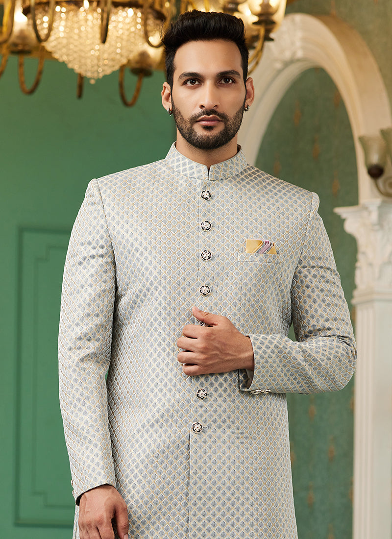 Grey Jacquard Silk Wedding Wear Hand Work IndoWestern 329426