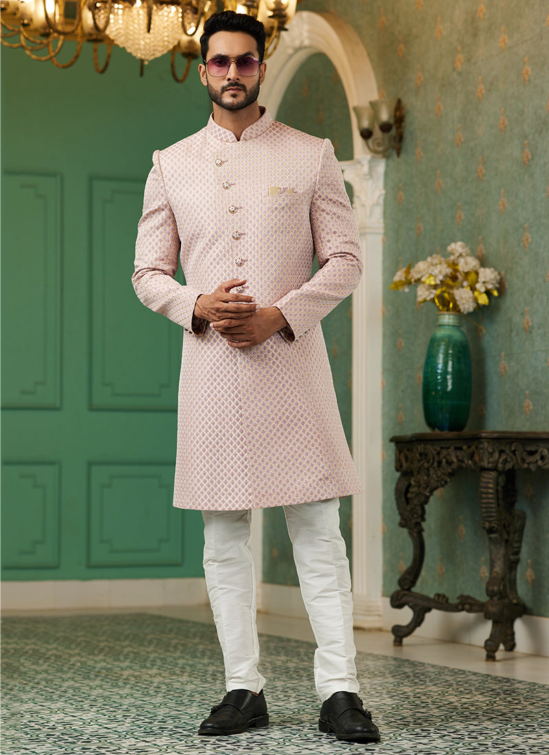 Onion Pink Jacquard Silk Wedding Wear Hand Work IndoWestern 329427