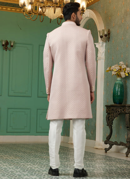 Onion Pink Jacquard Silk Wedding Wear Hand Work IndoWestern 329427