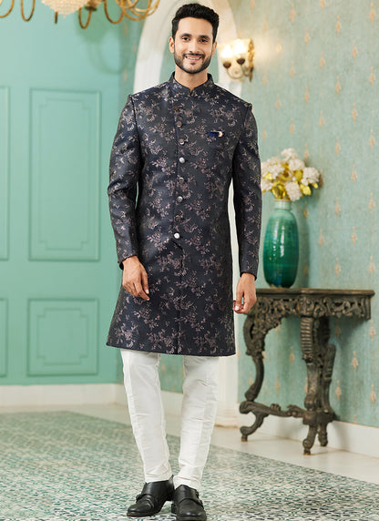 Grey Jacquard Silk Wedding Wear Hand Work IndoWestern 329428