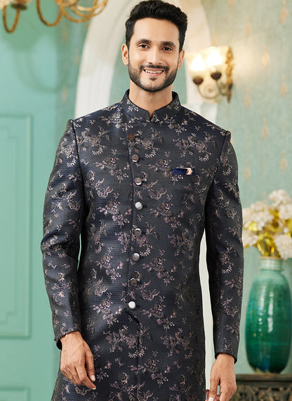 Grey Jacquard Silk Wedding Wear Hand Work IndoWestern 329428