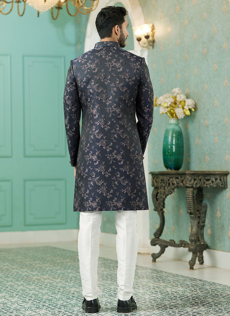 Grey Jacquard Silk Wedding Wear Hand Work IndoWestern 329428