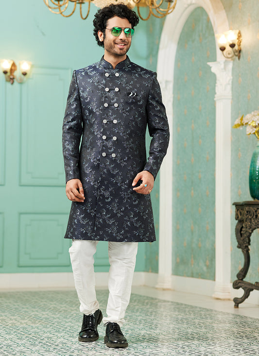 Navy Blue Jacquard Silk Wedding Wear Hand Work IndoWestern 329429