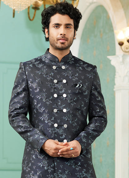 Navy Blue Jacquard Silk Wedding Wear Hand Work IndoWestern 329429