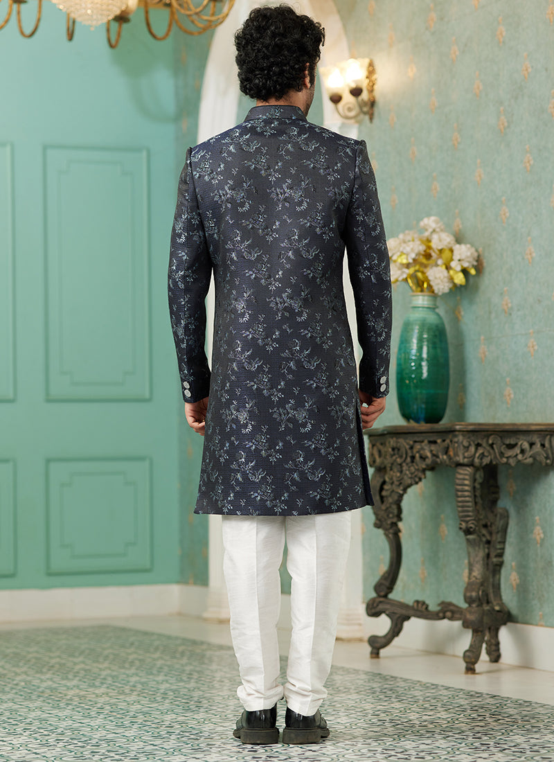 Navy Blue Jacquard Silk Wedding Wear Hand Work IndoWestern 329429