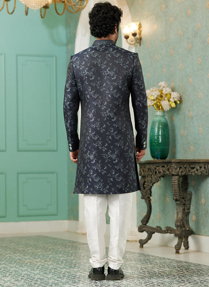 Navy Blue Jacquard Silk Wedding Wear Hand Work IndoWestern 329429