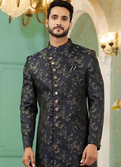 Black Jacquard Silk Wedding Wear Hand Work IndoWestern 329430