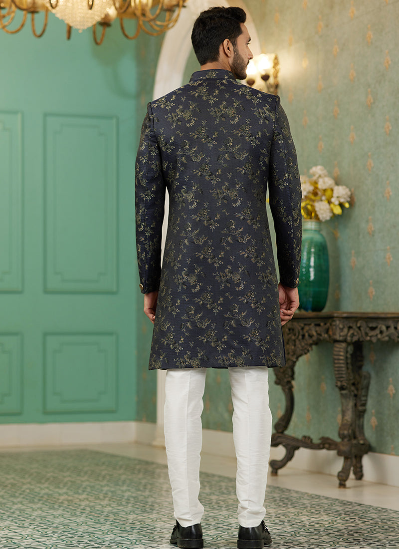 Black Jacquard Silk Wedding Wear Hand Work IndoWestern 329430