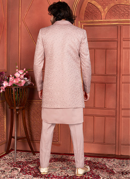 Art Silk Peach Wedding Wear Computer Thread Work 3 Pcs Jacket Set 345800