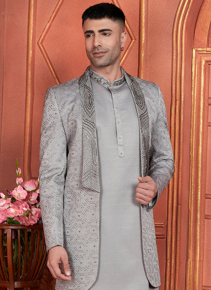 Art Silk Grey Wedding Wear Computer Thread Work 3 Pcs Jacket Set 345801