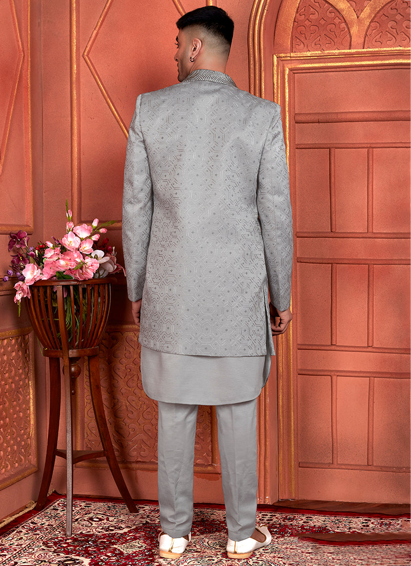 Art Silk Grey Wedding Wear Computer Thread Work 3 Pcs Jacket Set 345801