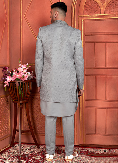 Art Silk Grey Wedding Wear Computer Thread Work 3 Pcs Jacket Set 345801