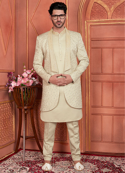 Art Silk Pista Green Wedding Wear Computer Thread Work 3 Pcs Jacket Set 345802