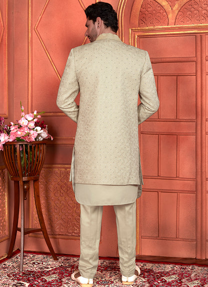 Art Silk Pista Green Wedding Wear Computer Thread Work 3 Pcs Jacket Set 345802